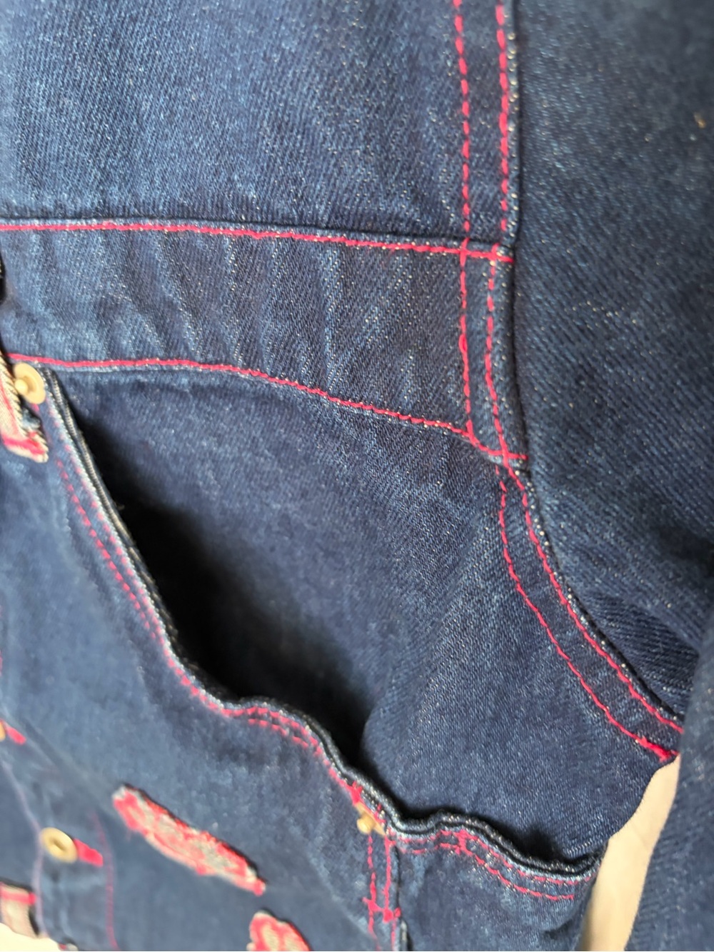 Philly Dark Indigo Denim Jacket with Pink Flower Patches - Picture 3 of 6
